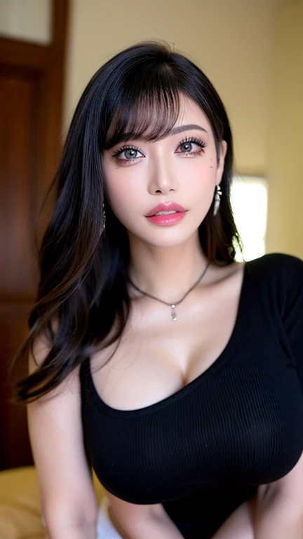 beautiful girl, brown eyes, beautiful 18 year old girl, hair color [Brown highlights hair], [undercut pixie] hair, short hair, lips, realistic, narrow waist, charming, pink lipstick, colorful makeup, long eyelashes, fair skin, (cute), (detailed face), detailed eyes, detailed iris, (large breasts:1.2), smirk, (cowboy shot), (one-piece swimsuit)