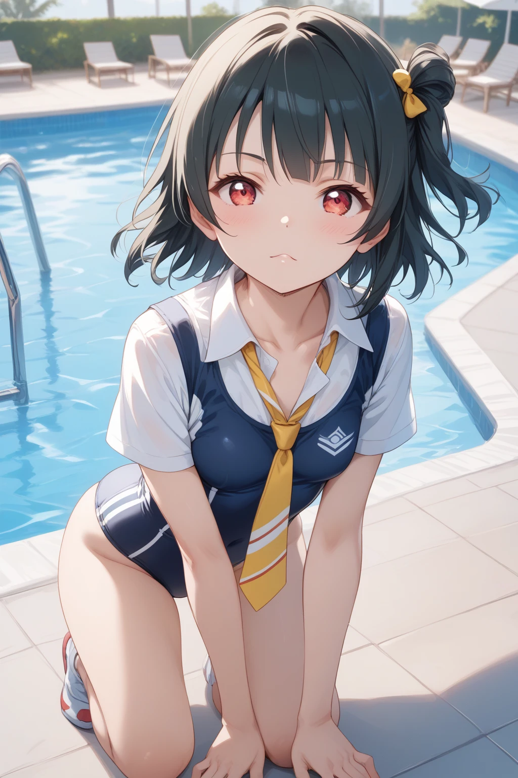 masterpiece, Highest quality, High resolution, Very detailed,(((Mikoto Naruka))), (((Poolside)))、(((Crying out loud。)))、(((Standing in the distance))), (((Facing forward。))), night, (((Against the background of the starry sky))), (((window))), (((White underwear is visible。))), (((School swimming pool)))