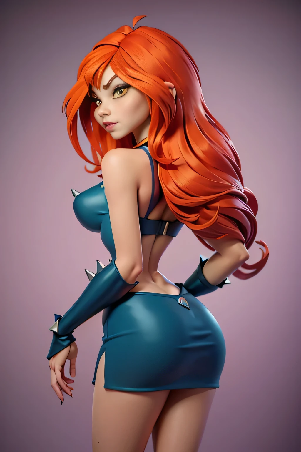 close up 1girl in, photo of Dark Bloom, Waifu, Anime style, Solo, (messy copper red hair, very long hair, thick red hair), (perfect clear skin, pale skin, detailed skin, large breasts, round breasts, perfect body, skinny, thin, thin hips, thin waist: 1.25), (she is looking away from camera, shot from behind, up skirt, focus on ass:1.2), (Witchblade cosplay, uniform consists jewel encrusted right-handed gauntlet, silver spikes platelets on one of her shoulders, a claw bikini breastplatelet goes around her bust, platelets protect her knees and boots), (realistic photo, best quality, detailed), (8k wallpaper), (natural lighting, beautiful light, delicate, soft colors, cinematic)