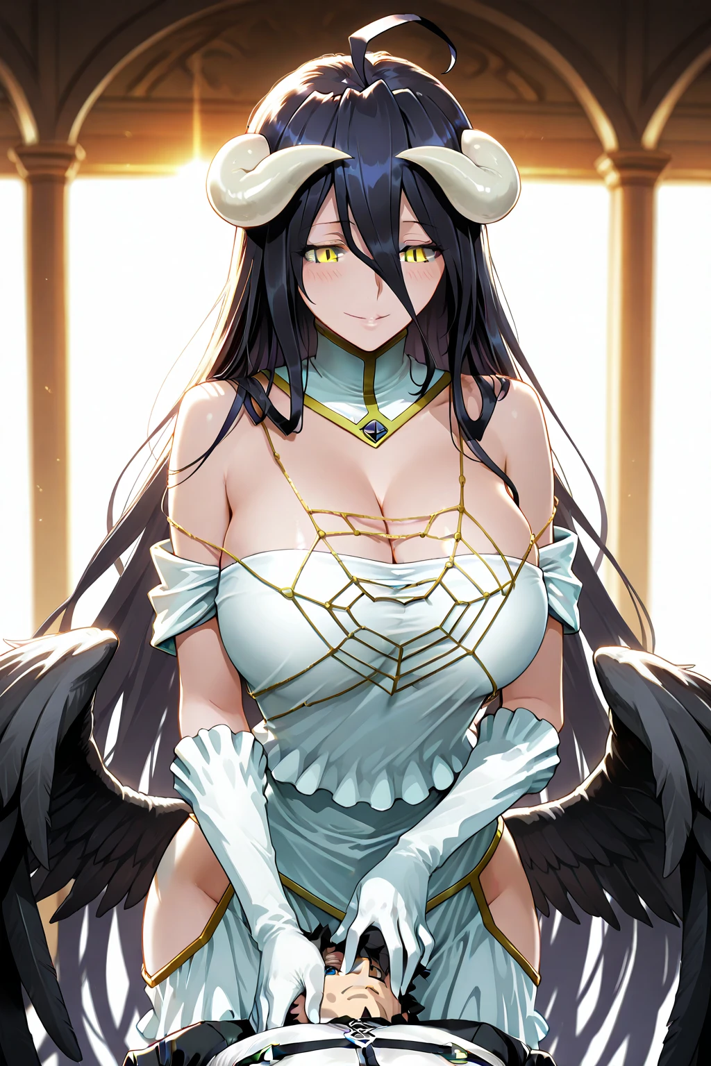(Nude),albedow, albedowings, medium breasts, long black hair, yellow eyes, white dress, white elbow gloves, looking at viewer, evil smile, parted lips, cowbot shot, indoors, marble floor,(big breasts: 1.4),(thick thighs: 1.3),(nude)