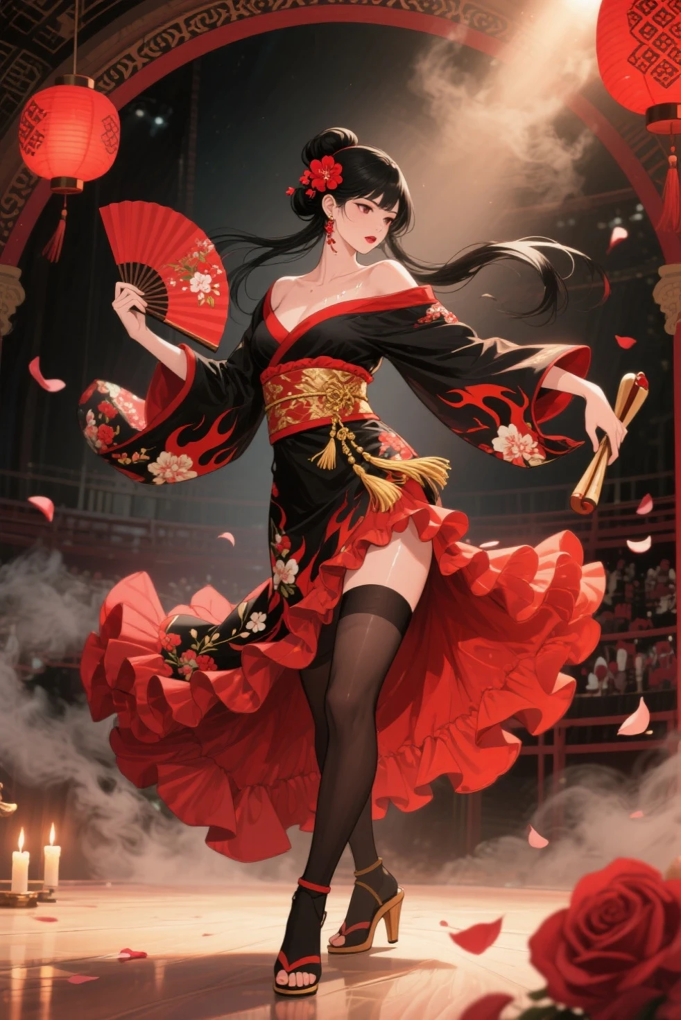 A woman wearing red Chinese costume with gold details, large breasts exposed, thighs exposed, women's long brown stockings, long black hair, red eyes, white fur cape, golden bow on her head, golden flower in her hair, smiling, standing holding a Chinese lute, in a traditional Chinese garden, full body, (place at night) Chinese lamps around, bokeh effect, flower, 8k, super detail, accurate, best quality, UHD, anatomically correct, textured skin, high quality, high resolution , best quality (solo woman)