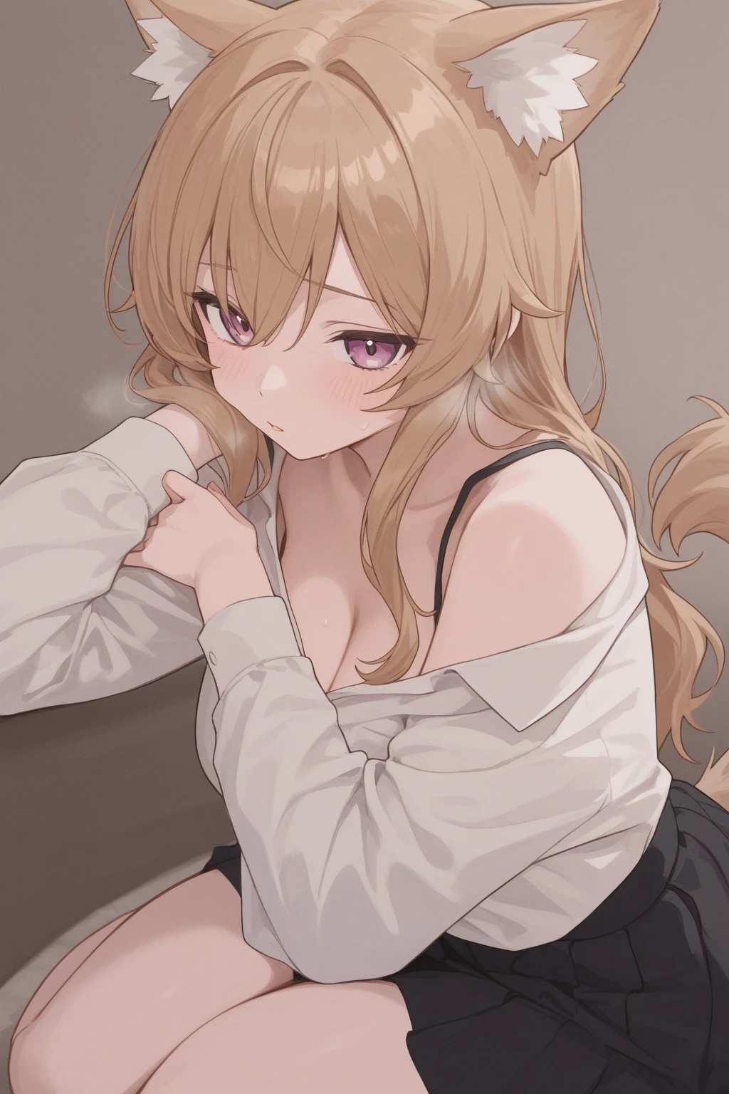 1girl, solo, masterpiece, best quality, bunti <lora:bunti_XL:1>, ahoge, animal ear fluff, animal ears, black shirt, black skirt, blonde hair, breasts, cardigan, cat ears, cat girl, cat tail, coat, collared shirt, feet out of frame, hair between eyes, long hair, long sleeves, looking at viewer, medium breasts, open mouth, pink eyes, shirt, simple background, skirt, sleeves past wrists, tail, very long hair, wavy mouth, white background, white coat