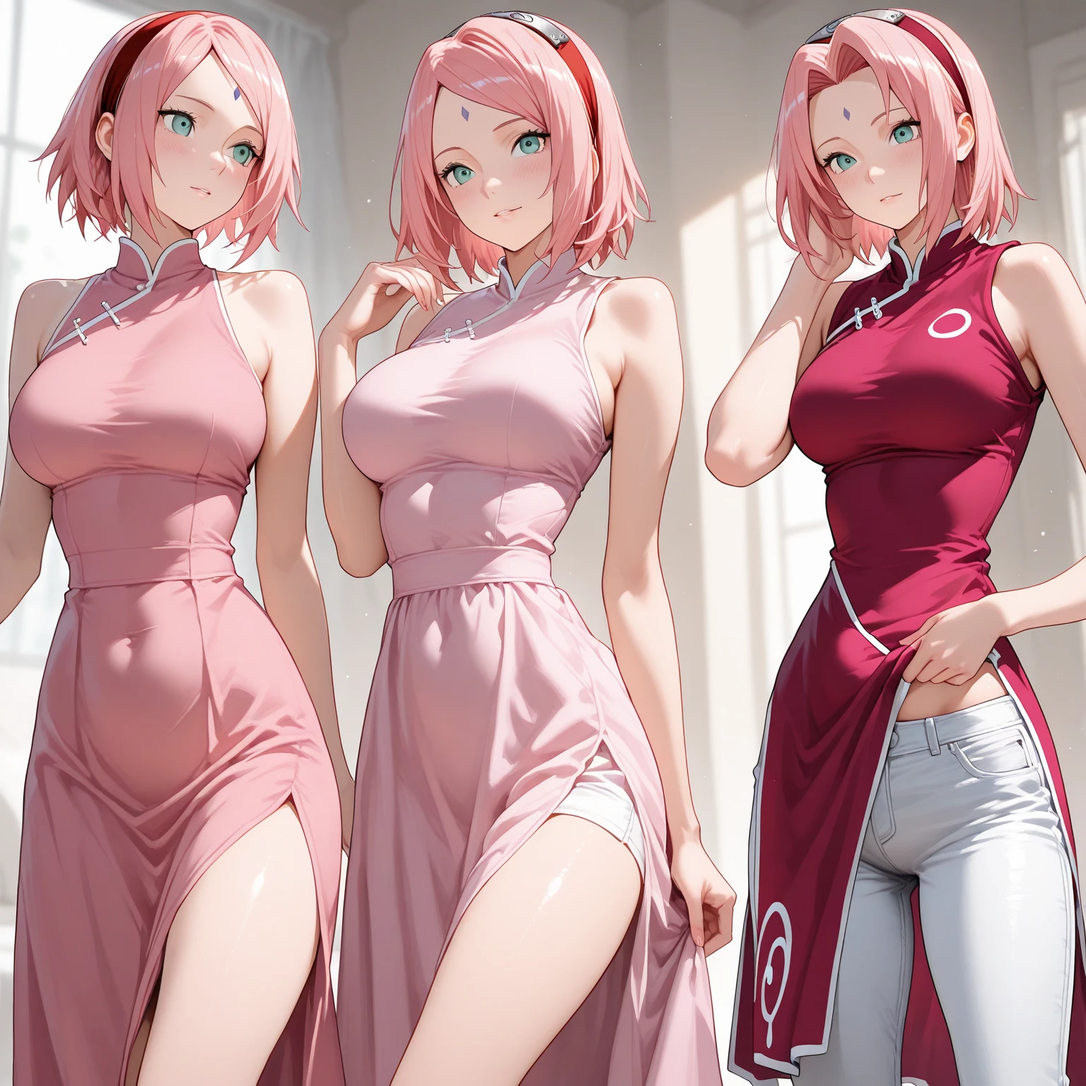 Sakura Haruno from Naruto Shippuden, (exposed leg dress), wide hip, muslos grandes, big-ass, tight dress, sexly