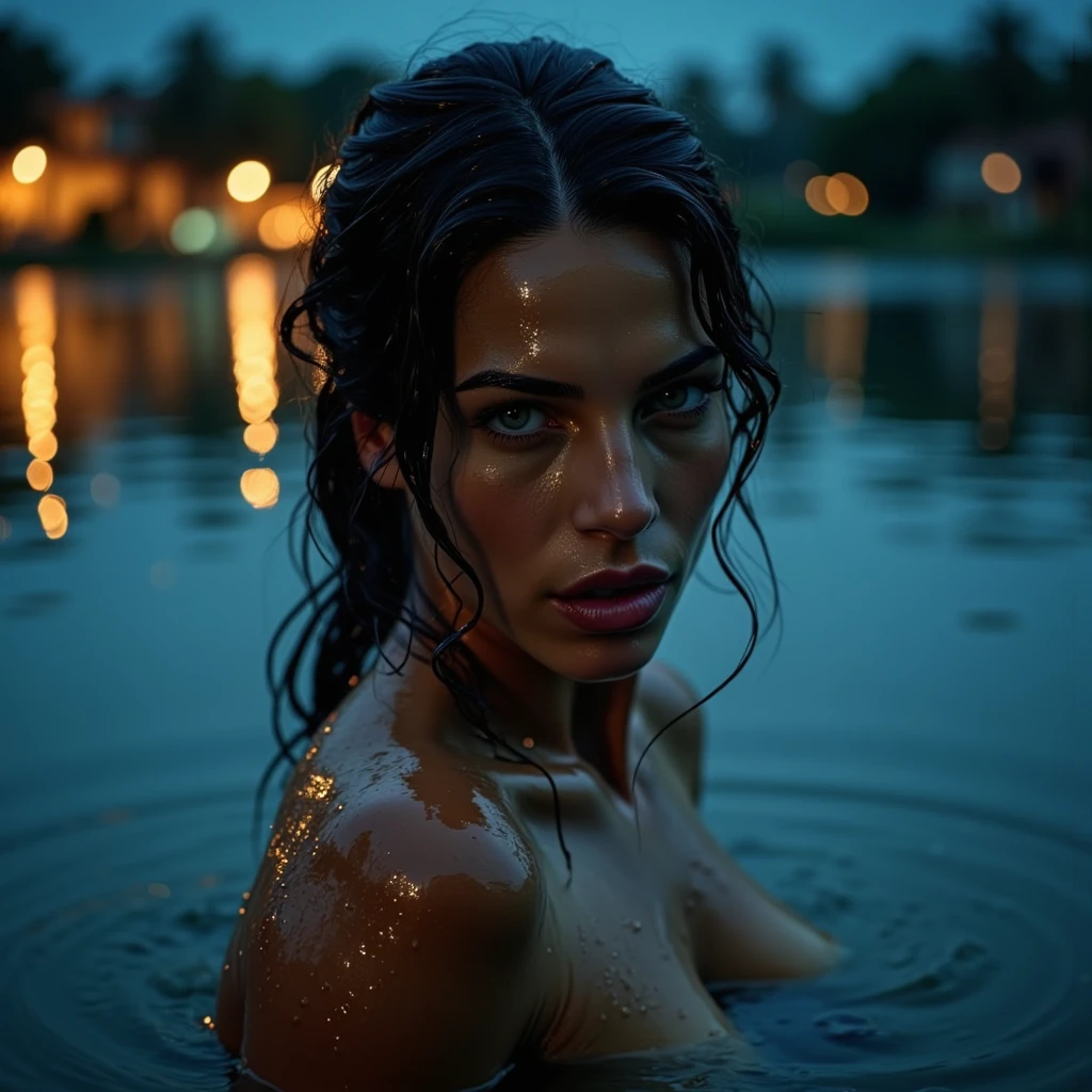 ((Night)) ((a deserted lake)) 3 Vampire women, (full body), 1 brunette, 1 blonde, 1 redhead, pale skin, fangs bared, sexy pale nightgown, looking at viewer, rises out of the water, soaking wet. style of a painted book illustration, dramatic lighting, (depth of field), ((masterpiece)), ((best quality)), ((highly detailed))