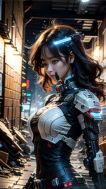 8K, Best quality, masute piece, ultra-high-resolution, (Realism: 1.4), Girl in Futuristic Combat Suit, (purple-eyed), ((Luminous Eyes)), in the cockpit of mecha, Real Woman, Cleavage, Real Face, Cute girl, smile, perfect cyborg girl wearing sci-fi headphones, a beautiful female , Beautiful girl cyborg, Black-haired, Wet hair、manipulator, rkgk,Steampunk Girl、