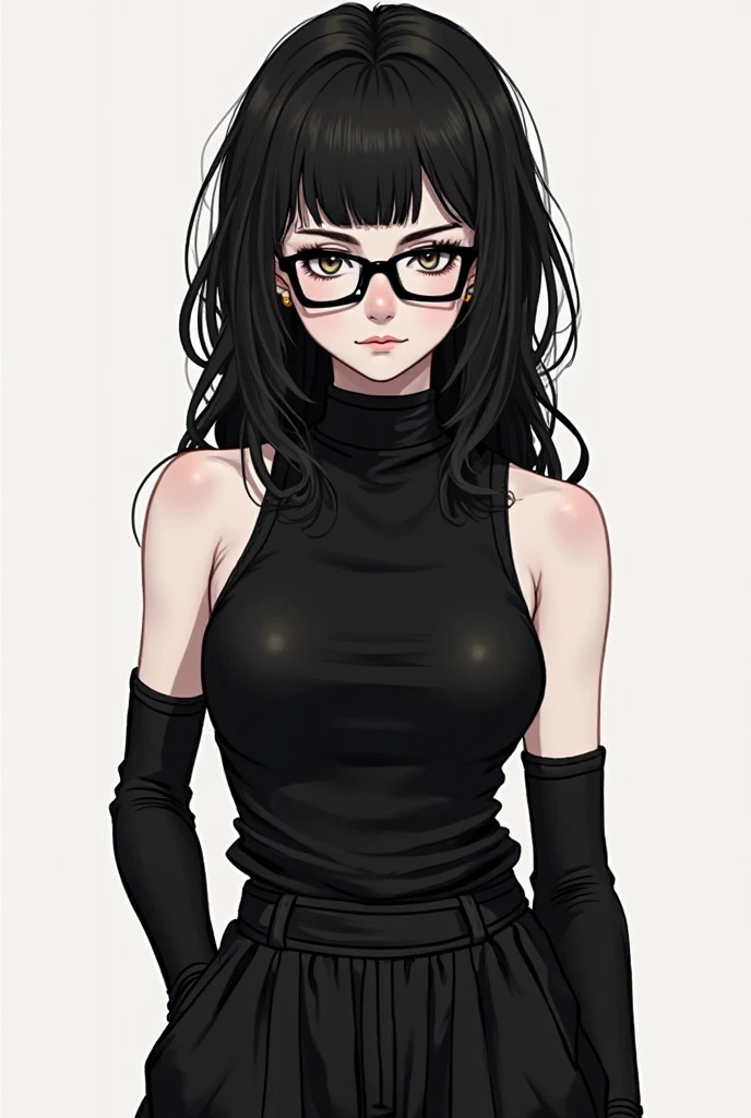 Tall, thin girl, shoulder-length black hair, wearing glasses, anime style