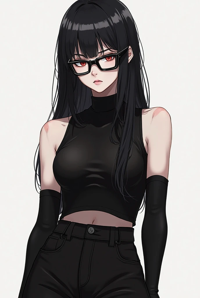 girl, wearing a black t-shirt and sweatpants, short black hair