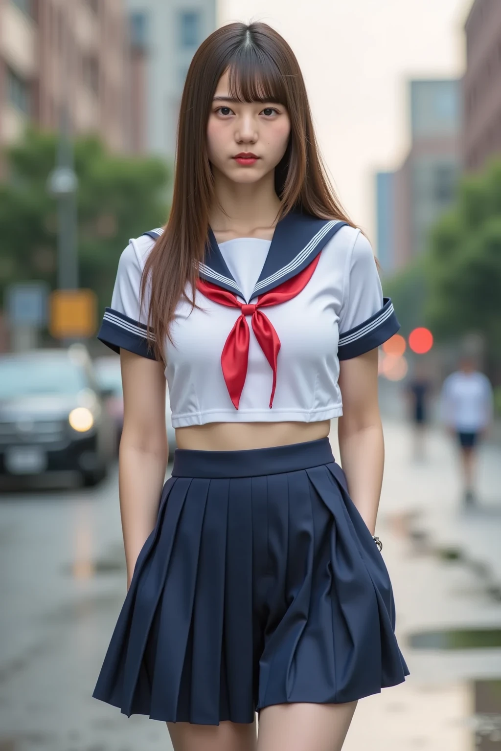 (Best quality, 8K, 32K, Masterpiece, hyper HD:1.2), (RAW photo), (Realistic), (Photorealistic:1.2), (high resolution), hugefilesize, Ultra-detailed, Extremely beautiful face & Eyes, 1girll, (Loli, 14 years old), Young woman, Round small face, Thin waist, gigantic cleavage breasts, Slim proportions, (Japanese sailor school uniform, sailor fuku, serafuku, Japan School Water Uniform, darkblue pleated skirt:1.27), (From below, White thong, Crotch:1.24), City rooftops at dawn,