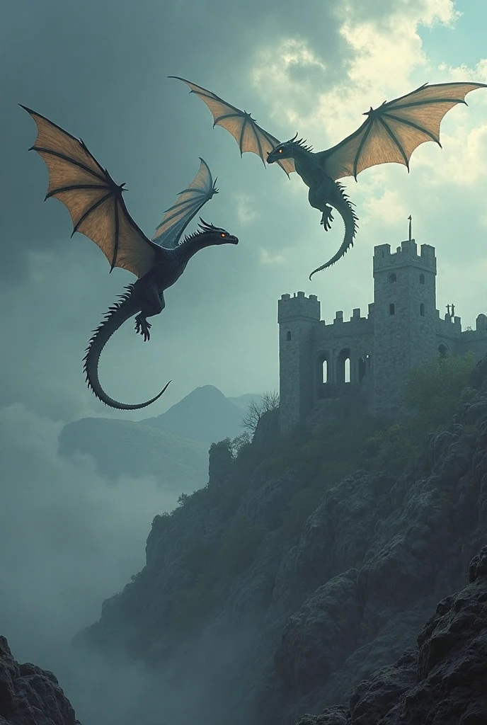 A red dragon with black wings, golden eyes while flying over a castle that is in the middle of a forest 
 