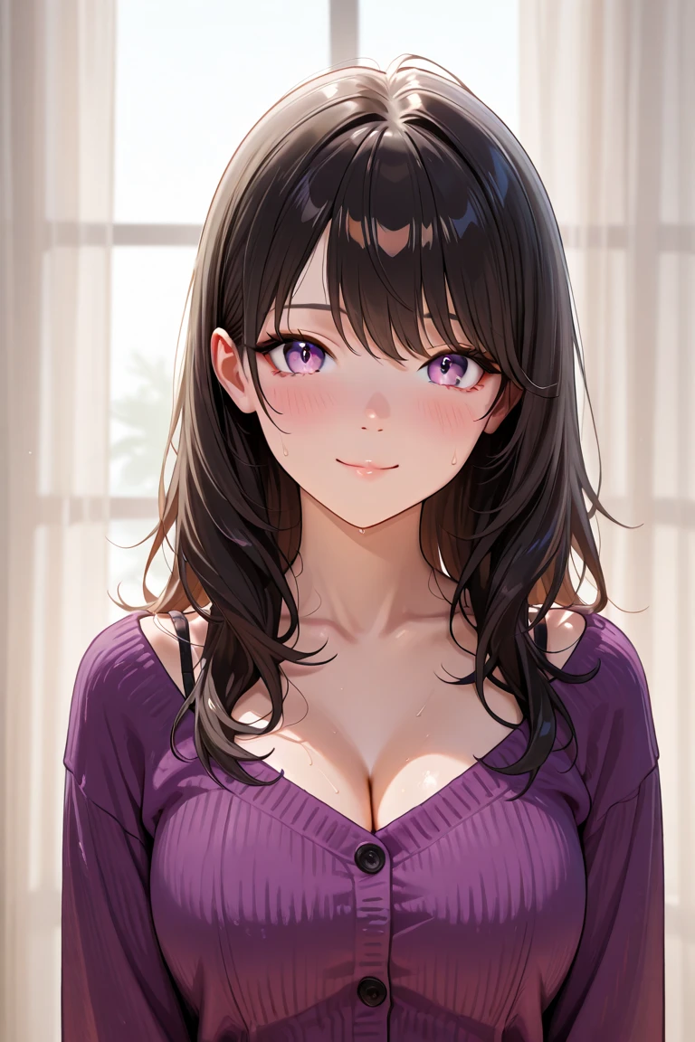 (best quality:1.1), (Masterpiece:1.2), lady, long hair, black hair, Hair bow, ถักเปีย, pink eyes, ((beautiful breasts:1.3)), beautiful, cute, Bright face, Good mood, ((pajamas dress)), ((very wet)), ปากอมชมพู, ยิ้ม, ((bedroom)), ((sfw)), เย้ายวน, collarbone, ((Highest quality, Best Performance, Maximum details, Light and shadow details:1.2, 4k details))