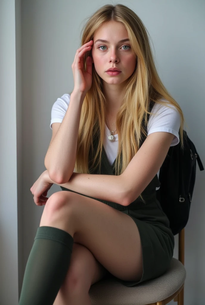 Boy 19 years old with big pointy ears , long blonde hair , with prosthetic arms and legs , loose green clothes