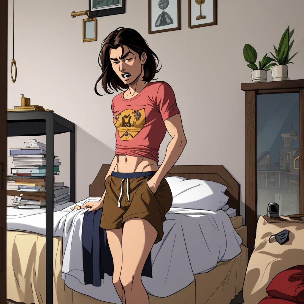 comics style, (((masterpiece))), high resolution, gamer girl, nerd, 16 years old, beautiful, cute, in her bedroom, sweat shorts, pantyhose, casual t-shirt, fabric detail, dyed hair, (intricate fabric:1.1), photorealistic, UHD, HDR, very detailed, (trending on artstation:1.3), Rolling Stone shoot