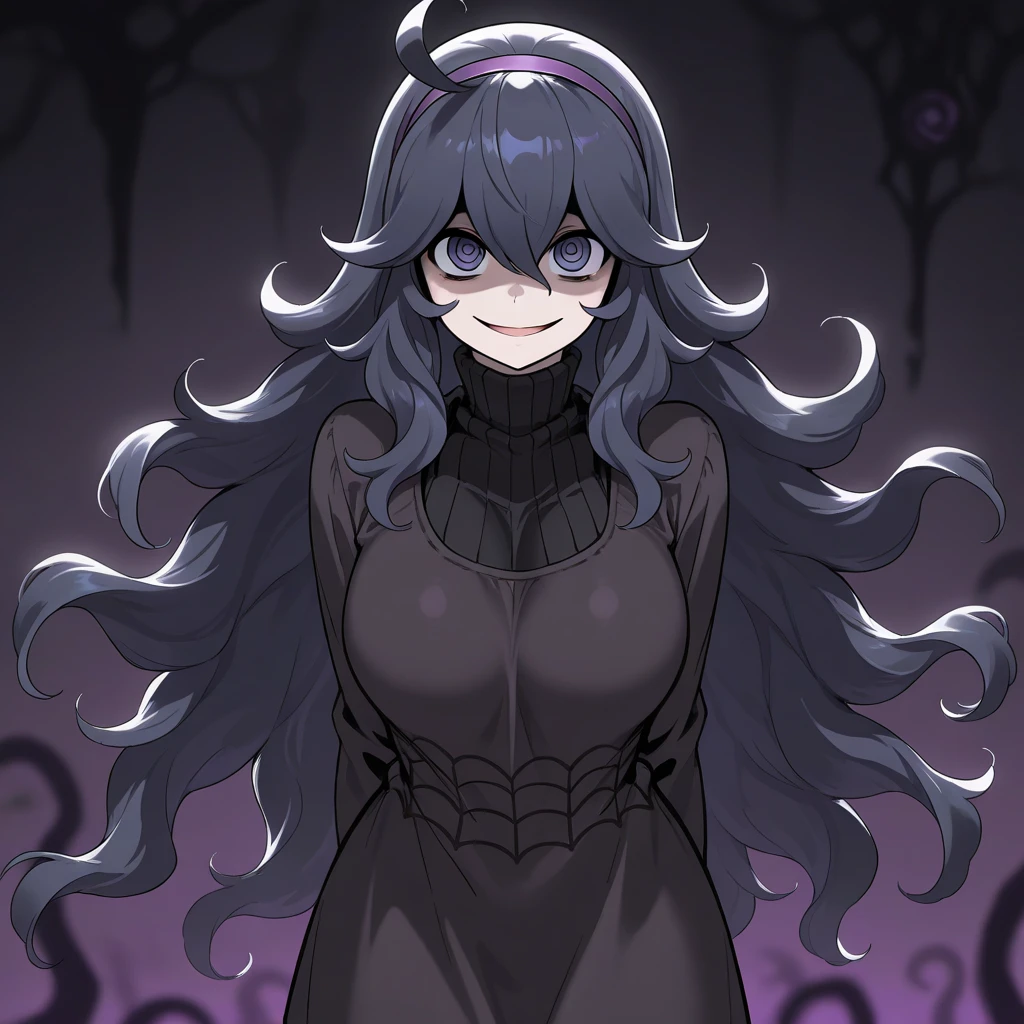 hexmaniacms, hex_maniac_\(pokemon\), 1girl, solo, standing, (huge breasts), long sleeved turtleneck sweater dress, purple clothes, taut_dress, embarrassed, smile, purple_eyes, shiny_skin, cowboy_shot, dark forest, night, crazy_eyes, (shaded_face:1.3), clothing_cutout, anime,