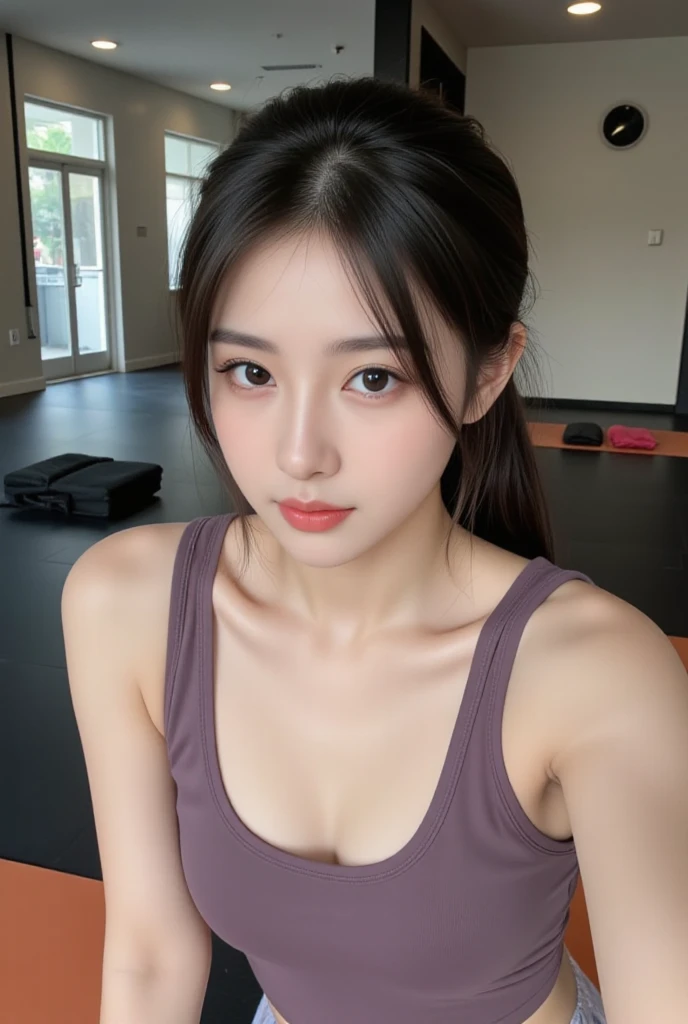 ((Best quality, 8k, Masterpiece :1.3)), Sharp focus :1.2, Korean aunt 19 years old ((Messy Bun
brown hair)) .face with make-up. red lipstick. necklace. (Big breast:1.3). ((Full body))
((Tank top black. Short Torn torn)) wide. (without panties). Do not be shy. Do not hesitate. ((Show me your pussy)). In front of the camera. Closer. More clearly. in the fitness room_mix4, 20d, solo, photo-realistic:1.37