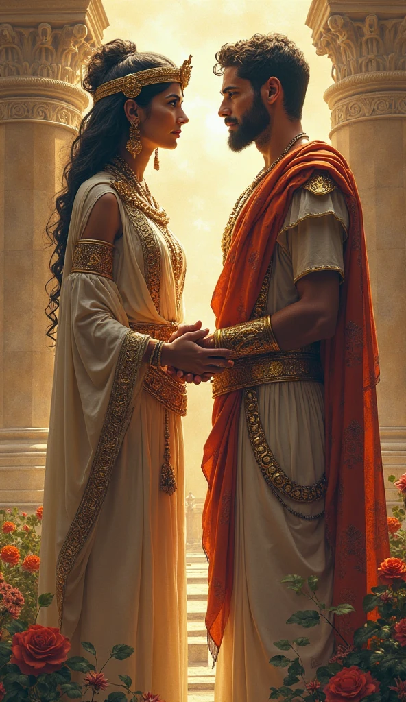 The queen and her husband standing together in a serene and hopeful posture, accepting  gents Yamaraj’s terms