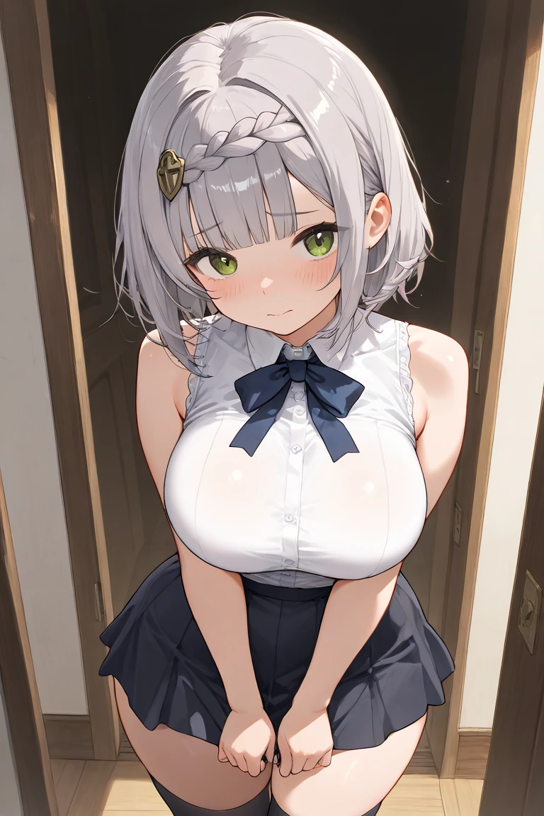 mastute piece,Best Quality,insanely detailed,8k cg,nsfw,
(shoot upper body:1.3),
(1girls:1.3),standing,looking at viewr,body in front,(arms behind back:1.4),(sailor maid:1.3),ホワイトプリム,(bare breasts),break,
blush,shy,(ecstasy face),(trembling:1.2),break,(light gray hair:1.3),
break,
perfect breasts,perfect teats,(open mouth:0.9),(large breasts:1.2),
(bedroom),