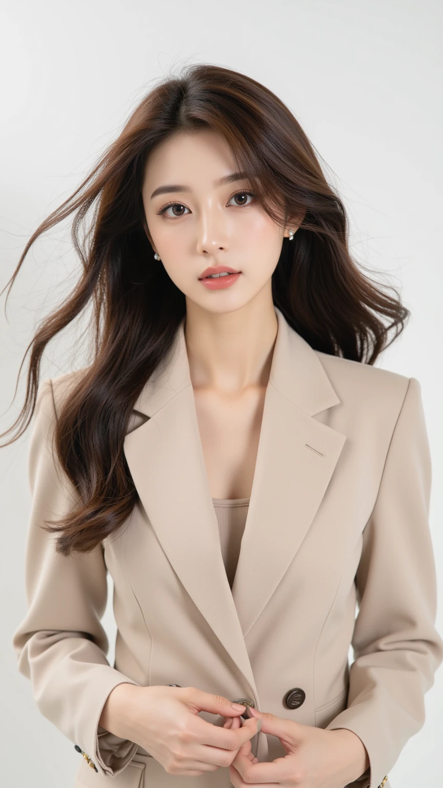 (realisticlying, A high resolution:1.3), 1 girl with a perfect body, Super fine face and eyes,long whitr hair, Business suits of random colors:1.2,illuminated shopping streets,middlebreast,Anatomically normal,