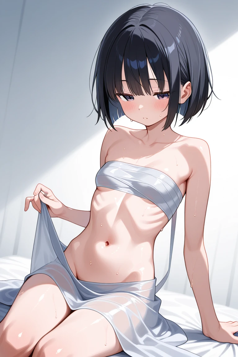 One woman, blush,  Sweat Embarrassed Smile Showing Nipples Front, Short Hair, Black Hair, feel flat chest pubic hair 8k, Very detailed, 16K, (naked), Walking around town, black eyes, pink polo shirt, short sleeves, naked lower body, no underwear, completely naked, looking at me from below (Showing pussy:1.4), (Please lift your clothes:1), Hands under clothes