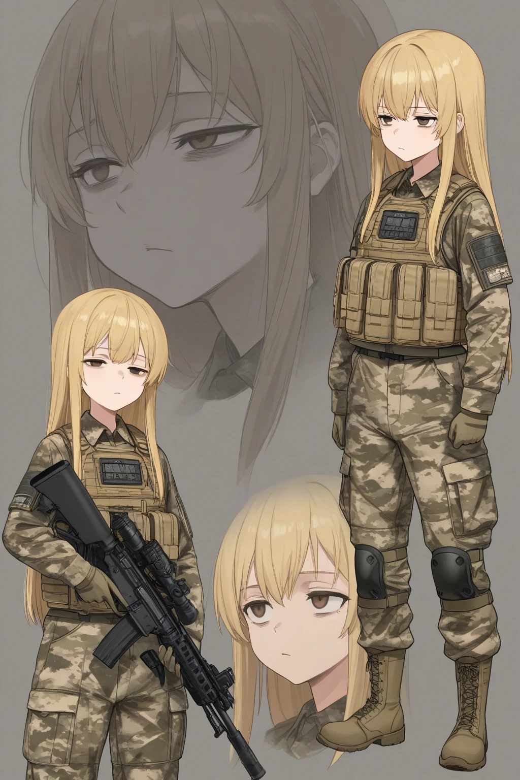 Russian cyberpunk blonde girl with brown soviet uniform brown shoes (Cyka Blyat), multiples poses and expressions, anime book illustration style, simples, Bonito Full Color, sapatos marrons, roupas marrons, cor plana, NO sketch.