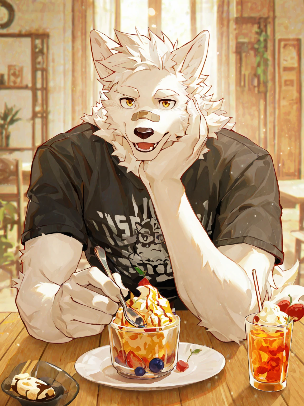 blush,blush,Black fur,Pants bulge up the big bag,Handsome,Sleeveless sweatshirt,shorts,cute,youth,muscle,Kiss,Get Down,Eat a big meal,Having dinner with boyfriend