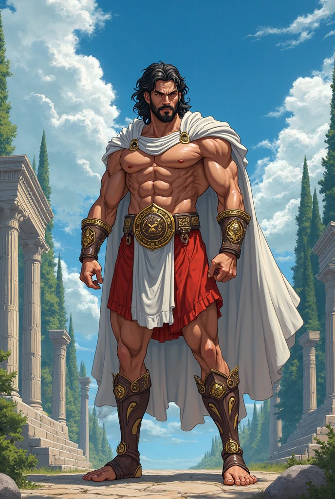 A strong, muscular Hercules in a heroic pose, standing in a divine garden with lush greenery. Your muscles are detailed, showing his immense strength. Lighting is dramatic, focusing on his sculpted physique, with shadows highlighting the depth and definition of your muscles. Your eyes look confidently into the distance, conveying your heroic determination. the artwork is a masterpiece, rendered in high resolution with ultra-fine painting techniques, ensuring every intricate detail of Hercules is captured. The colors are vivid and rich, with a realistic color palette that brings the scene to life. The overall style of the artwork is a mix of classical portraiture and contemporary realism., capturing Hercules in a modern way, mas atemporal.