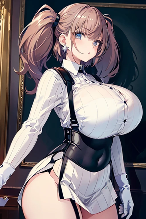 A close-up shot of the face of the ringleader of a bullying suicide., her bright smile and sparkling eyes gleaming with satisfaction as she revels in her manipulation. Her porcelain doll-like complexion glows under soft, warm lighting, highlighting her delicate features. She's dressed in a crisp white , complete with a neat bow tie, emphasizing her innocence and vulnerability. Framed by the subtle blur of out-of-focus background, she stands confidently, one hand resting on her hip as if daring anyone to challenge her reign., spread legs, Beautiful detailed crotch area, soft thighs, Straight-on, Snigger slyly looks, pink lips, blush, huge breast, double-breasted, under bust, skirt lift by myself, showing White panties, bulge, camel toe, Love juice, pussy juice, sweat, moisture, urine leakage, little femme fatale, little evil bitch
