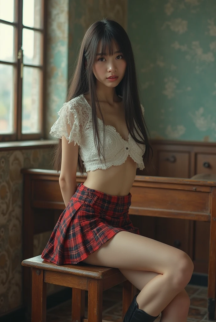 1 japanese girl, (ulzzang-6500-v1.1:0.8), (raw photo:1.2),((photorealistic:1.4)), best quality, masterpiece, an extremely delicate and beautiful, extremely detailed, CG, unity, finely detail, masterpiece, detailed CG unity 8k wallpaper, absurdres, incredibly absurdres, ultra-detailed, highres, extremely detailed, beautiful detailed girl, extremely detailed eyes and face, beautiful detailed eyes, light on face, cinematic lighting, full body, perfect hand, depth of field, student, wearing jk school uniform, Blazer with ribbon, wearing sexy fishnet stocking, garter bell, (no bra), (bushy pubic hair visible), ponytail hair, in a classroom, small breasts, wide lips, standing, cool face
