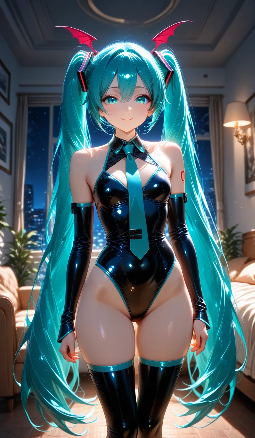 ((Hatsune Miku)), sexy outfit, twintails, high-leg leotard, stocking, high heels, ((race queen)), ((race circuit)), standing, sexy pose, high quality, high resolution, anime illustration