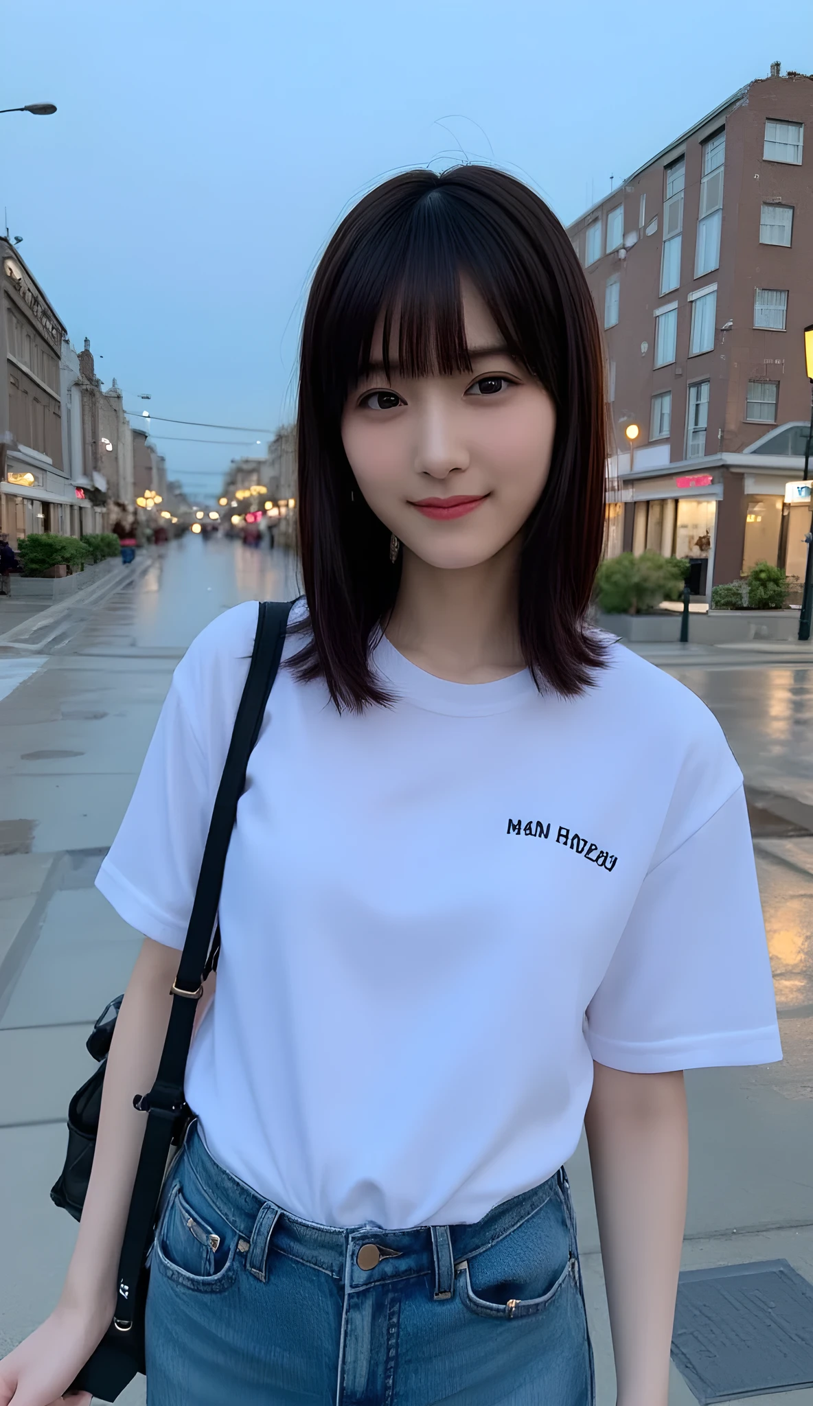 full body shot with mahiru、Woman standing directly in front of the camera、The expression of a smile looking at the camera、(Greatest Masterpiece:1.2), ( Original photo :1.2), Professional Photography, double eyelid, long eyelashes,Perfect Makeup Reals for Beautiful Skin,perfect anatomy,(wearing a plain white oversized t-shirt、I'm wearing thick jeans:1.3),(carrying a black rucksack:1.5),The background is a park at dusk