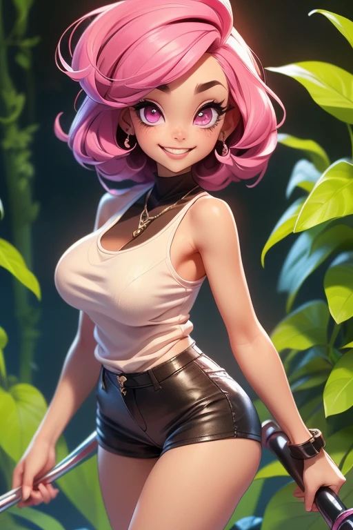 Alien girl, explicit content, 3d, cutesexyrobutts, (cooliehigh:0.5), female, park setting, closeup, three-quarter portrait, sidewalk, (crop top, jeans), (large breasts, natural breasts, breast sag:0.8), thick thighs, wide hips