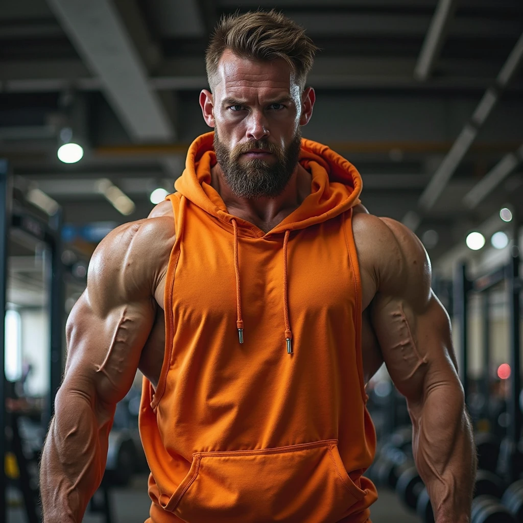 a white male bodybuilder with blonde hair holding a small jar it should be a full body view and the avatar should be wearing shorts the background would be of a gym
