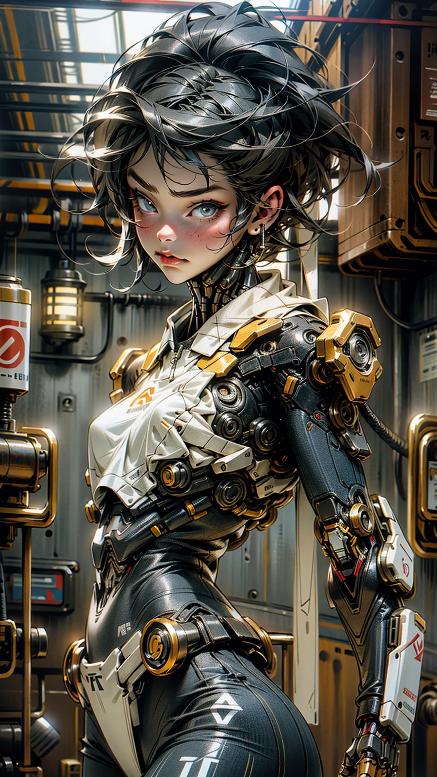 mujer exuberante y voluptuosa con uniforme a lascas de metal plata , oro y bronce con grandes ojos y piernas musculadas, cuenrpo entero, se encuentra en centro de control de nave espacial, (con maquinarias , tubos, cables y tecnologia). ((manos y dedos perfectos)).