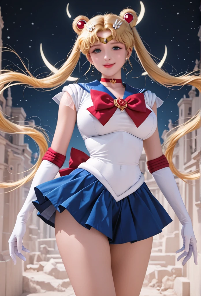 Sailor Moon, 35, is radiant in her iconic costume, striking a seductive pose that flaunts her huge, bra-less, covered breasts. Wearing a very short miniskirt and thigh high stocking with garter, high heel, the full-body shot, taken from below, shows her figure provocatively and gives a glimpse of her covered crotch. Shot in full frame, the image exudes a powerful allure reminiscent of the legendary heroine's youthful charm.
