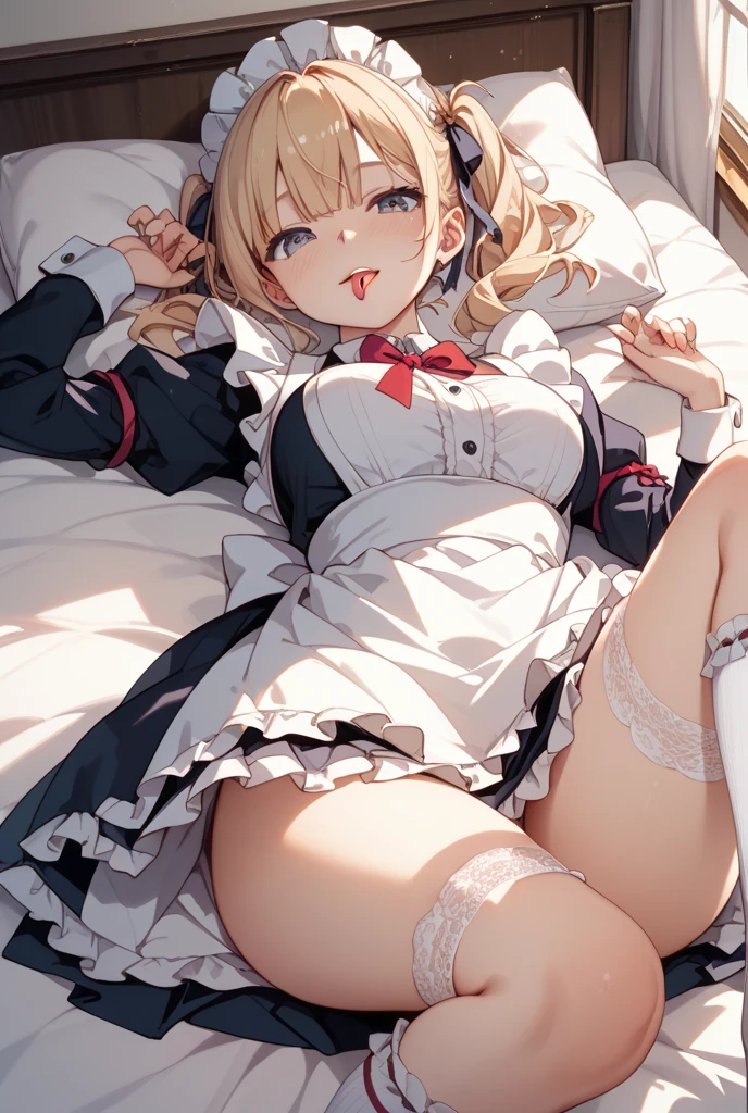 masterpiece, highest quality, Very detailed, 16k, Ultra-high resolution、One 14-year-old girl, Detailed face、Perfect Fingers, blue eyes, Blonde, Braid, White panties, White blouse, Black vest, Western-style room, futon, Lie on your back