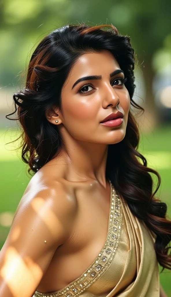 topless Portrait of A confident-looking indian woman with long flowing hair, hazel eyes, with flowing capes, perfect composition, hyperrealistic, super detailed, 8k, high quality, trending art, trending on artstation, sharp focus,  topless studio photo, intricate details, highly detailed, art by greg rutkowski, swimsiit, supermodel, big butts