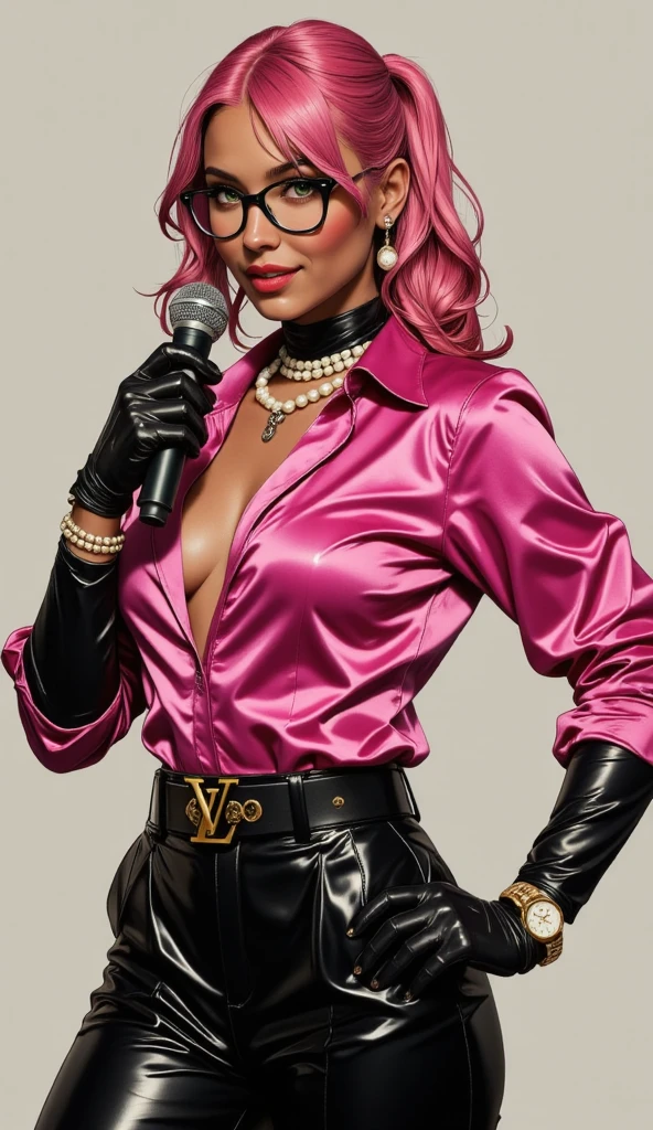 ebony girl who is quite curvaceous, with large breasts and an hourglass figure accentuated by her tight clothing. She has long legs that she showcases in her revealing outfits, and her face is striking with sharp features and piercing green eyes, she has brown skin and is of African descent. She has a wild, colorful appearance inspired by the DC Comics supervillain Harley Quinn. She has bright pink hair styled in a pixie cut, bold makeup highlighting her eyes and lips, and a tattoo of a playful heart on her cheek. Her attire consists of a black leather jacket adorned with diamonds, fishnet stockings, high-heeled boots, and a mini skirt that barely covers her bottom.