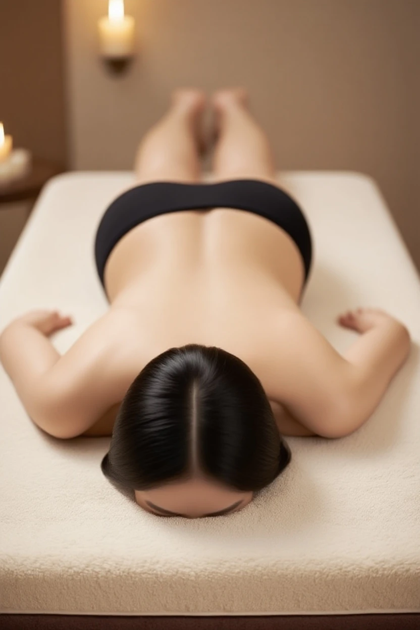 A girl lies on a massage table, bare back, spa, gray curtain, beige walls, minimalism, unreal engine, 8k, gray and beige tone, dark colors, fantasy, concept art, realism, airy, detailed, cinematic