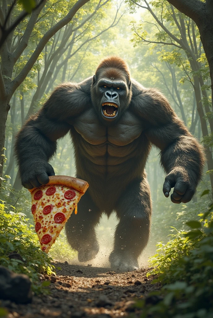 create a fictional illustration of King Kong sitting at a table in the jungle, eating a burger, and on the table the delivery bag written Apache Barbecue.