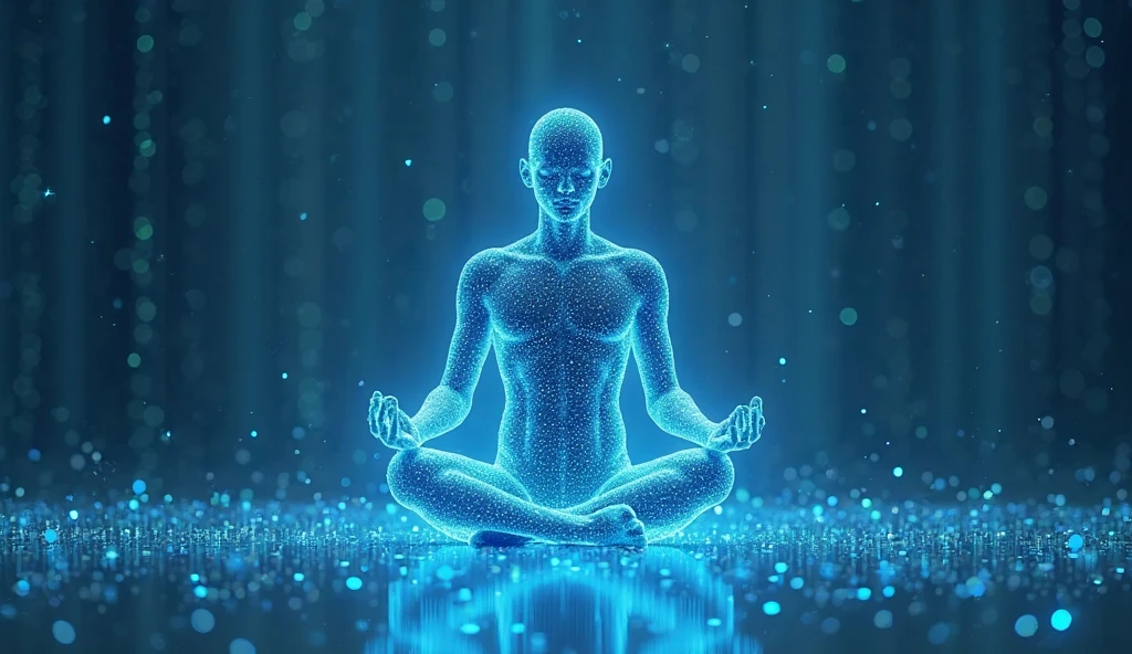 (Best quality, masterpiece), (magic, charm, Wireframe transparent 3d model:1.2, white transparent 3d model of a meditating man:1.2, surrounding aura radiates brilliantly like magic:1.3 , meditating with eyes closed:1.3, (Extremely detailed, dynamic camera), (Wide viewing angle), extremely sharp images, (celestial illumination), (vivid colors and storminess air), shimmering cyber light, dynamic light