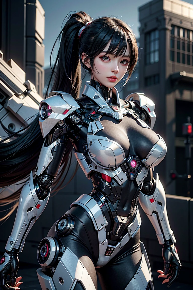 ((1 girl)), ((masterpiece)), Lovely,pretty face, blue eyes:1.2, ((black hair)), (shiny hair), nude lips, big breasts, Big , whole body, looking at the audience, masterpiece:1.5, ((Beautiful and delicate eyes)), Lovely eyes, best quality, Perfect body, shining body, (overexposure),Cinema lighting, dynamic lighting, ((Correct hand anatomy)), very high resolution, high resolution, (((Super detailed))), (extremely delicate and beautiful), (((Beautiful and delicate eyes))), depth of field, There is a woman in a white suit posing for a photo, Gothic web set, Chrome set, Dystopian sci-fi set, futuristic clothing, whole body X-Force 套装, Wear technical clothing and armor, Wearing a dark space mercenary uniform, shiny white armor, Abandoned mecha on the background, Cyberpunk Pearl Armor, cyberpunk suit, Female protagonist, Fair and translucent skin