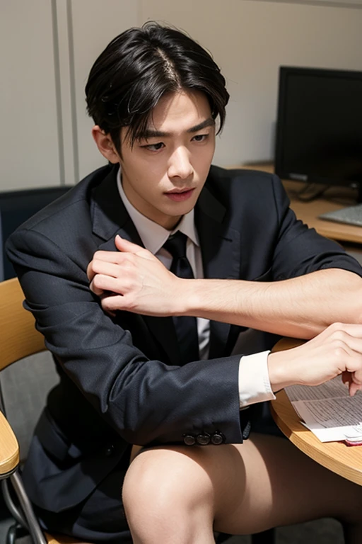 （Handsome Chinese guy：1.5），sitting in office，Face the computer，Tap Keyboard，Business suit，Realistic photos，Brush cut，Textured skin，looks into camera，18-year-old boy，Studio，danshi koukousei，Muscle role，Perfect shadow body，Gigachad muscle，The trend is at CGSTATION，Hero male pose， , bare thighs , sexy , nsfw, topless , bondage collar