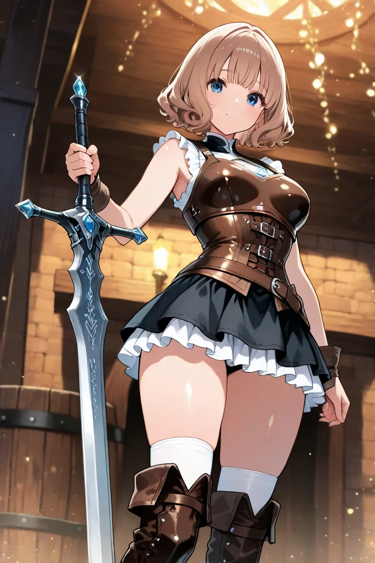 cloud, day,outdoors, standing in front of a castle , holding a sword in her hand, (helmet:1.3),(armor),(breastplate),(skirt_armor),(silver_BRA),a helmet on her head,armored_boots, (Blue_eyes),(brown_hair),(short_hair), (hair_Bun),(Bangs), 1 girl, 20yo,Young female,Beautiful Finger,Beautiful long legs,Beautiful body,Beautiful Nose,Beautiful character design, perfect eyes, perfect face,expressive eyes, looking at viewer, From_Center, From_front,full_body, official art,extremely detailed CG unity 8k wallpaper, perfect lighting,Colorful, Bright_Front_face_Lighting,shiny skin, (masterpiece:1.0),(best_quality:1.0), ultra high res,4K,ultra-detailed, photography, 8K, HDR, highres, absurdres:1.2, Kodak portra 400, film grain, blurry background, bokeh:1.2, lens flare, (vibrant_color:1.2) (Beautiful,large_Breasts:1.4), (beautiful_face:1.5),(narrow_waist),