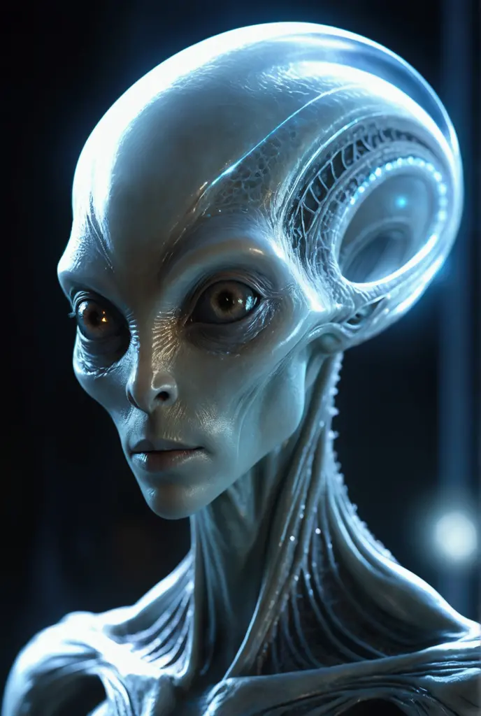 Fanchar, Translucent ethereal alien with delicate features in a sci-fi background, Glow from the inside out, Sparks and lights, moonlight, moon, close up, Practical, Very detailed, complex,Spotlight