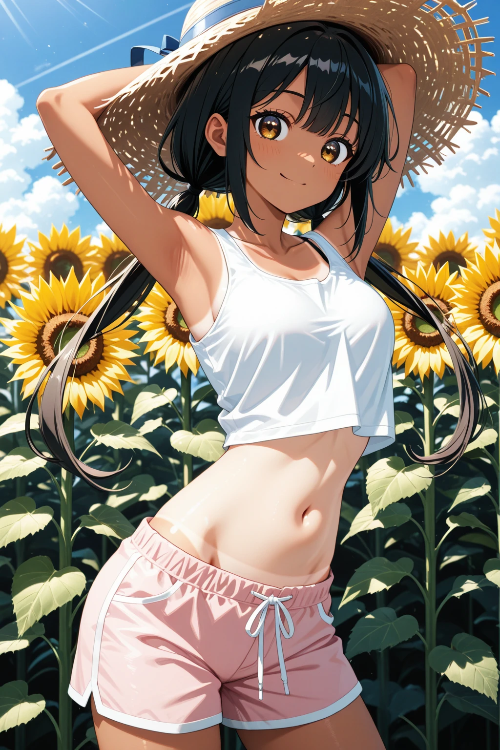 Best image quality,1People Girl,Long Hair,Shiny Hair,black eye,Shining Eyes,smile,Double teeth,sunflower,stream,Water Play,Wet,girl,small,small breast,White Bikini,Too much exposure,View from below,Navel Fashion,The swimsuit is digging into her body