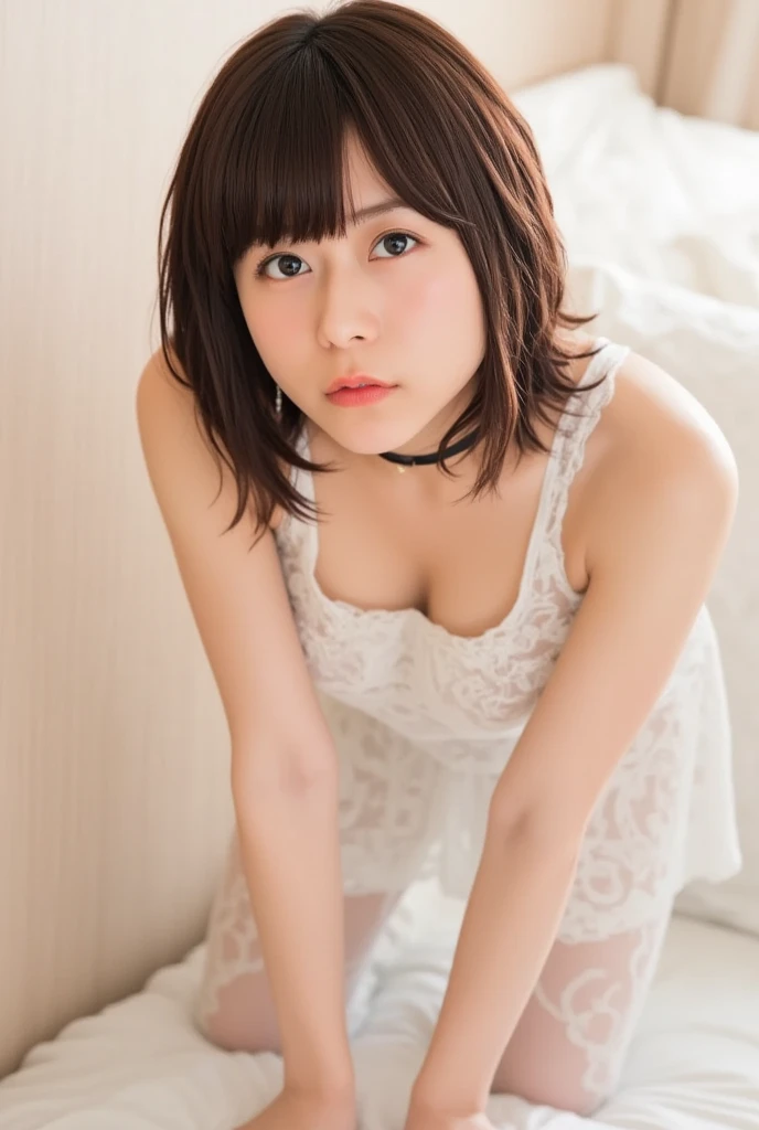 4086kbit，Attention to detail，The Truth About Skin and Skin Texture,

((Cat-eared girl in a light blue mini dress:1.6)),
((Wearing black tights，Full Body Shot，Wearing black high heels，Top View:1.5)),

((Glass-walled bedroom, Chic Wallpaper, Spotlight:1.2)),

((Age 25, Eri Tokunaga naked, Naughty lips, Sexy body:1.2)),
((Small breasts, Flat Chest, chest is slightly drooping, Lips slightly open:1.2)),

Eye focus, Narrow shoulders, Beautiful clavicle, Thin arms, Thin legs, The back of the hand is beautiful and feminine, Slim figure, Soft belly, Tight waist, Highly detailed face, super detailed breasts, Ultra-detailed skin, Fair skin, Shiny skin, Ultra-detailed lips, Fuller lips, Thick and soft lips, Glossy pink lips, Blushing, White teeth, blue eyes, Beautiful actress makeup, Intense and cute makeup, Pink lipstick, Dark brown hair, Delicate and soft hair, (Put your hair up, Fluffy short bob:1.2), (Sweep your bangs to the side:1.2), (Stylish earrings,necklace:1.2),
