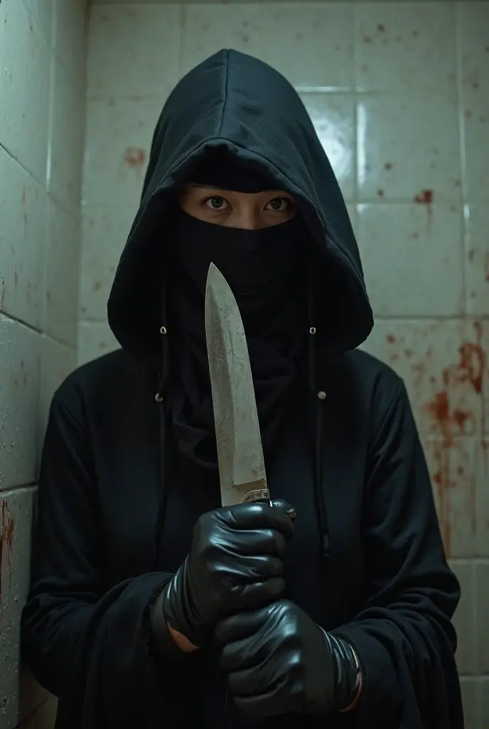 korean girl, (behind corpse, surgical mask), multiple girls, holding knife, stabbing, black raincoat, black gloves, hood up, room full of blood, black wet suit, holding knife, black gloves, behind corpse, blood splatter, short hair, night, mass murderer, robbery, in the house, dark atmosphere