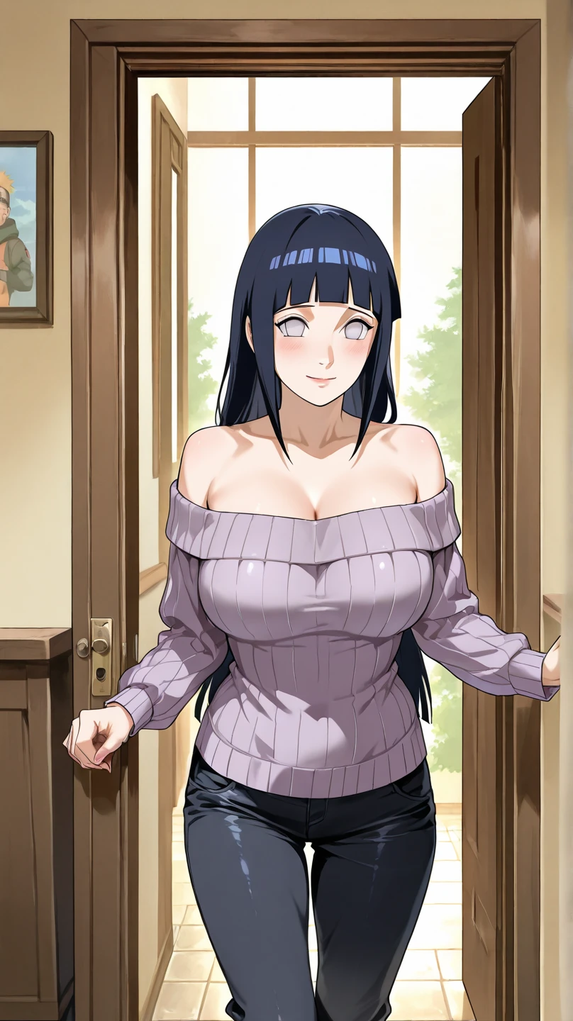 8k, RAW photos, top quality, masterpiece: 1.2), (High Quality), ray tracing, HDR, (High Details), (Face detail), (Shadow Detail), (amplected), stylized blush, 3d, 3d render, 1girl, solo, masterpiece, best quality, high quality, highres, 4K, perfect anatomy, rendered eyes, lip gloss, makeup, woman, detailed, cleavage, thick thighs, 1girl, solo, masterpiece, best quality, high quality, highres, 4K, Shokokomidef, purple hair, purple eyes, long hair, black sweater, nervous, looking away, looking down, matured,