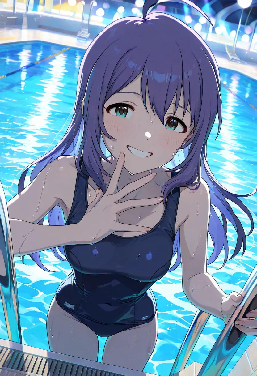 Unity 16K Wallpaper, Masterpiece, Best Quality, Ultra-Detailed, Extremely Detailed CG, Caustics, Cinematic Lighting, Detailed, Beautiful Detailed Eyes, 1 girl, (school swimsuit, saliva:1.3, blush, Heart mark around the head:1.3, small face, cry, pool, hands between legs), sweaty, purple hair, wavy hair, long hair, full body, Barefoot