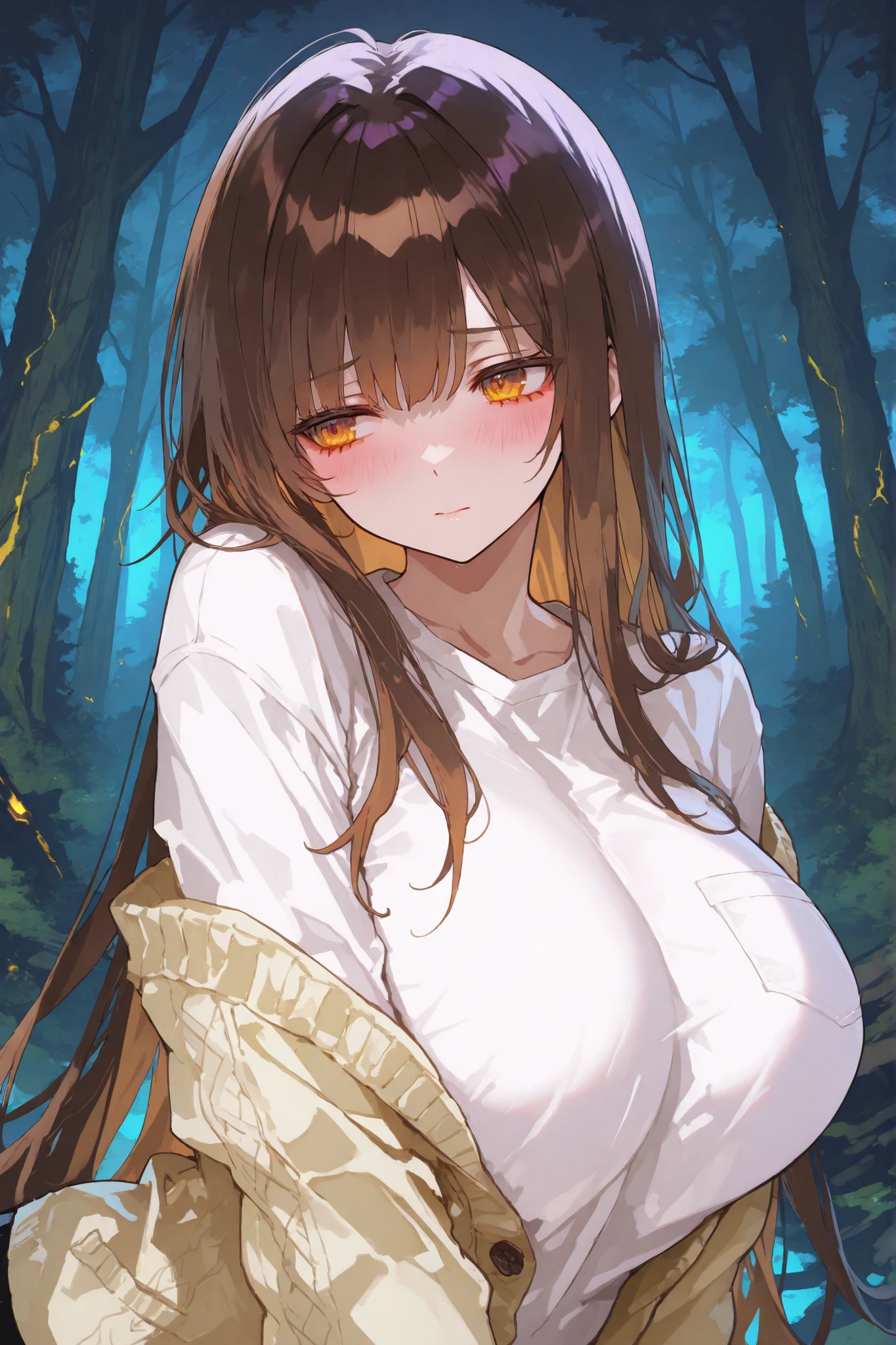 masterpiece, high quality, very detailed shading, perfect face, perfect hands, detailed background, young woman, adult woman, sparkling eyes, brown eyes, completed naked, very small breasts, forest, trees,flowers, complex background, blue sky,long black hair, brown eyes,cleavage, breasts out, pink