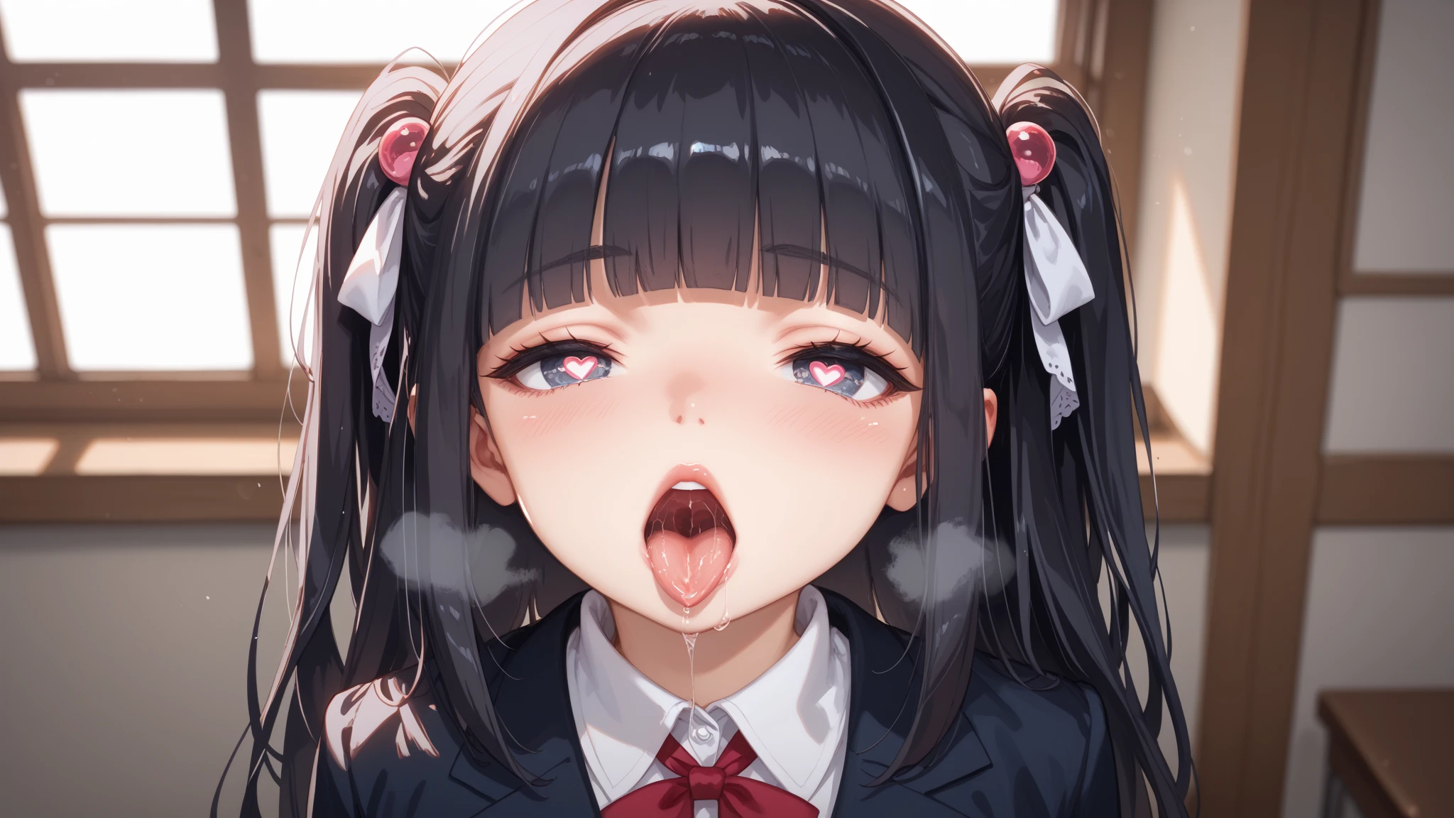 ((One woman is kneeling and giving an open-mouthed blowjob:1.4)), ((Browsing Caution:1.4, masterpiece, highest quality, High resolution, 超High resolution, Perfect Pixel, Depth of written boundary, 4K, RTTX 10.0, High resolution))), (One woman:1.3), Beautiful Anime Women, Beautiful art style, Anime characters, ((Long Hair, bangs, Dark brown hair, Twin tails)), ((Beautiful eyelashes)), ((Detailed face, Blushing:1.2)), ((Smooth texture:0.75, Realistic texture:0.5, Anime CG Style)), ((Beautiful and large breasts)), Perfect body, Slender body, (Amazingly beautiful girl), (School classroom:1.3), ((Brown cardigan, White shirt, Checked Skirt, Red ribbon at neck), (Open your mouth wide:1.5), ((sleepy, close your eyes:1.2)), ((cute, Sighing expression)), Breathe with your shoulders, sexual pleasure expression, Holding in pee、Patience is the limit、On the brink of climax, (Perfect Anatomy, Perfect number of arms, Perfect hands)、(cum on face:1.5), A 'Phew' sound, Surprised expression, Angle from above right
